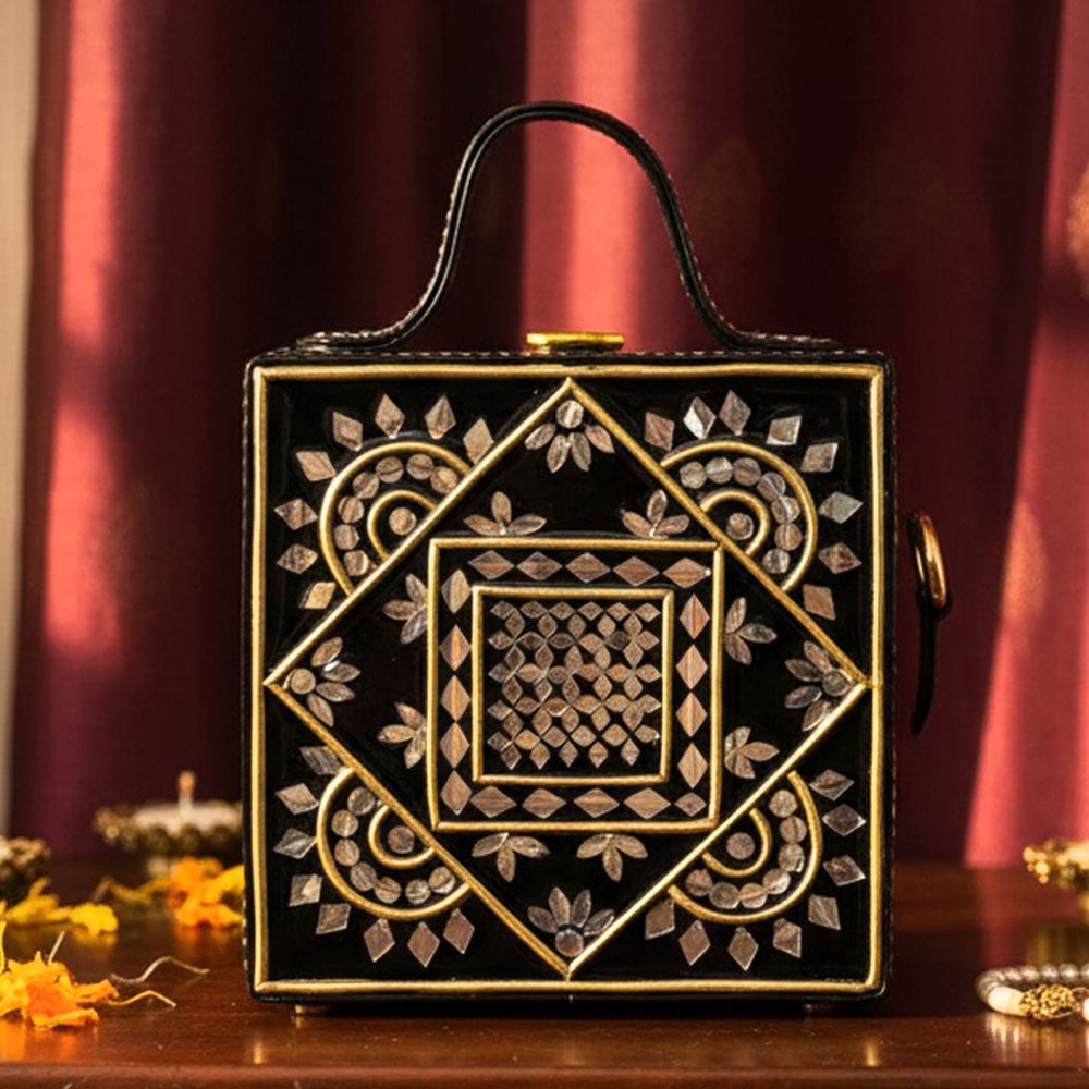 Black Mandala Lippan Art Handcrafted Square Sling Bag
